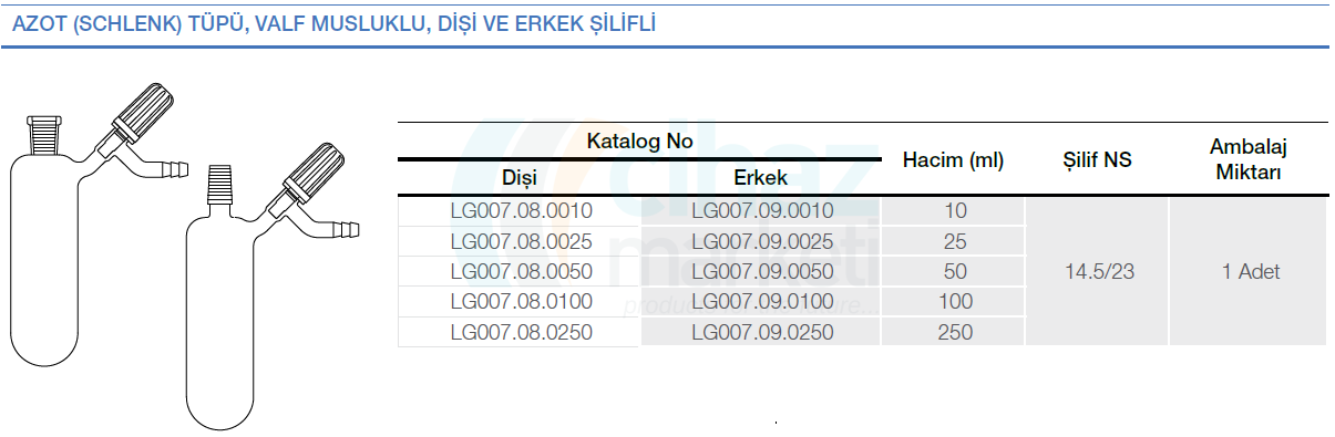 Azot (Schlenk) Tüpü, Valf Musluklu, Erkek Şilifli