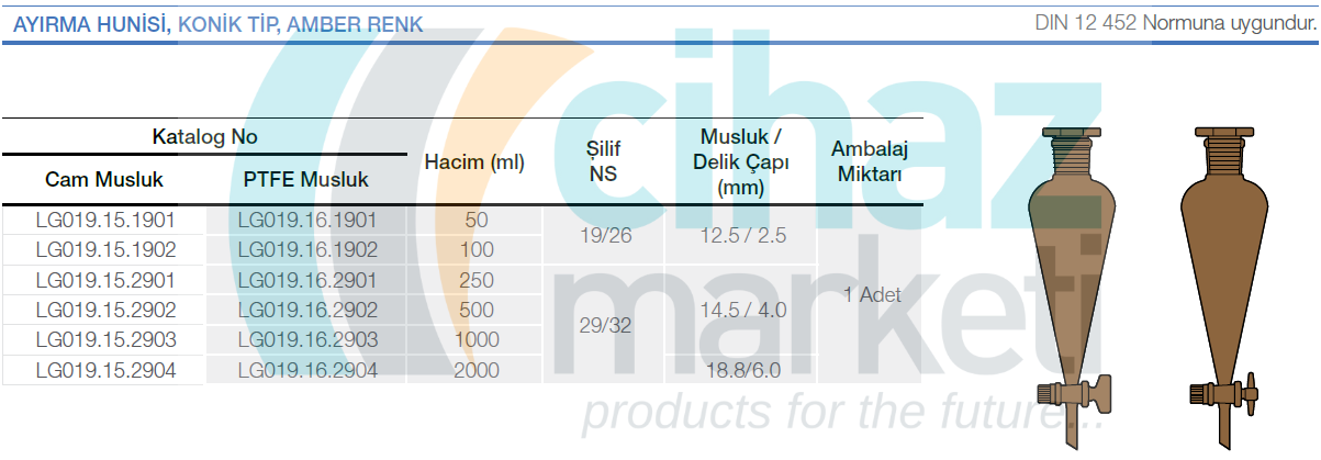 Ayırma hunisi, Konik tip, Amber renk, PTFE Musluklu.
