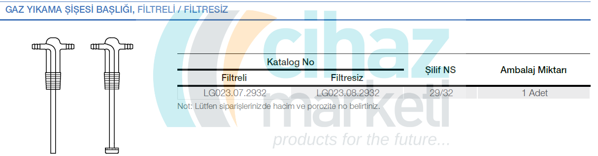 Gaz Yıkama Şişesi Başlığı, Filtreli.