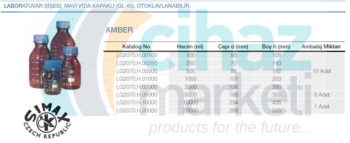 Laboratuvar Şişesi, Mavi Vida Kapaklı (GL 45), Otoklavlanabilir, Amber