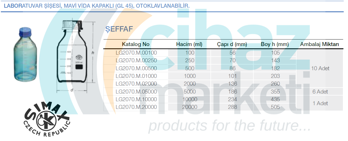 Laboratuvar Şişesi, Mavi Vida Kapaklı (GL 45), Otoklavlanabilir, Şeffaf