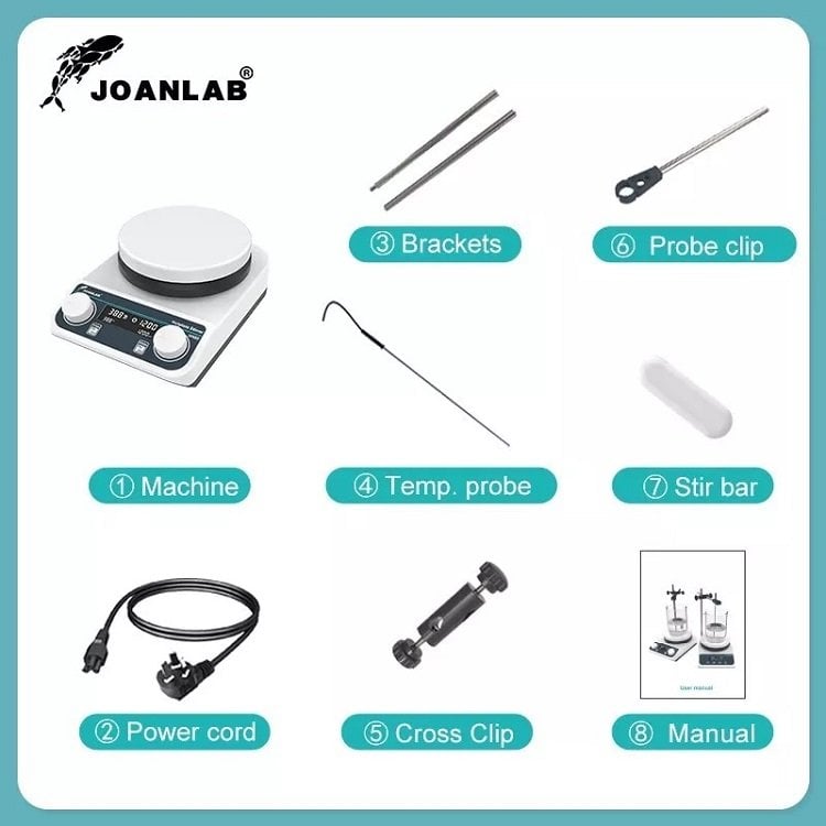 JOANLAB HS5C dijital ısıtıcılı manyetik karıştırıcı seti – PT1000 prob ve çubuklu