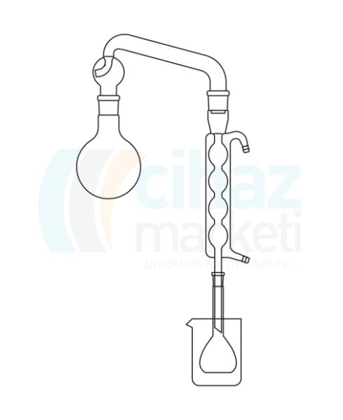 Çalışkan Cam Teknik LG028.04.0500 Etanol Tayin Düzeneği Balon 500 ml, Distilasyon köprüsü sıçratma başlıklı NS: 29/32, Soğutucu bullu 30 cm, Balon joje 100 ml, Beher 500 ml