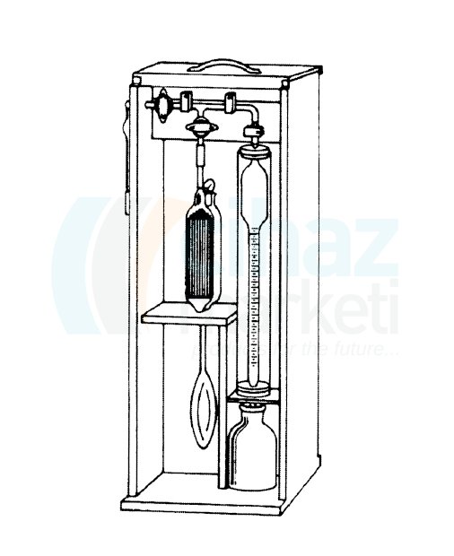 Çalışkan Cam Teknik LG028.09.010 Orsat Gaz Analiz Düzeneği Absorbsiyon kolonu, Orsat musluk köprüsü, Orsat seviye şişesi, CaCl2 tüpü