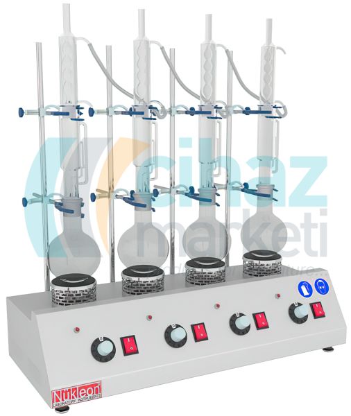 Nükleon NYC-100-4 Soxholet Yağ Tayin Cihazı, 4'lü Cam Malzeme Takımı, 250 veya 500 ml Balonlar ile Çalışma Özelliği, Ayrı Ayrı Sıcaklık Ayar Düğmesi