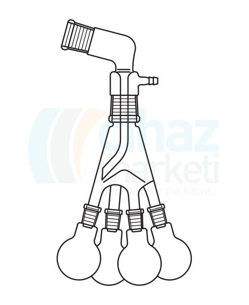 Çalışkan Cam Teknik LG016.01.0100 Distilasyon fraksiyonları toplama başlığı, Bredt tipi, 105° Üst Dişi NS: 29/32- Merkez Erkek NS: 29/32- Alt Erkek NS: 14.5/23, 100 ml Balon Hacmi