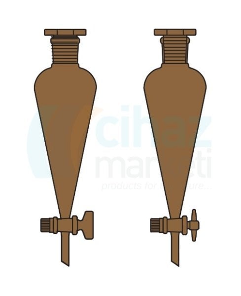 Çalışkan Cam Teknik LG019.16.1901 Ayırma hunisi, Konik tip, Amber renk, PTFE Musluk 50 ml Hacim, NS: 19/26, Musluk/Delik Çapı 12.5/2.5 mm
