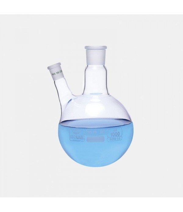 ISOLAB 030.28.500 balon - dibi yuvarlak - 2 boyunlu - yan dişi şilif - merkez boyun : NS 29/32 - yan dişi şilif : NS 19/26 - 500 ml