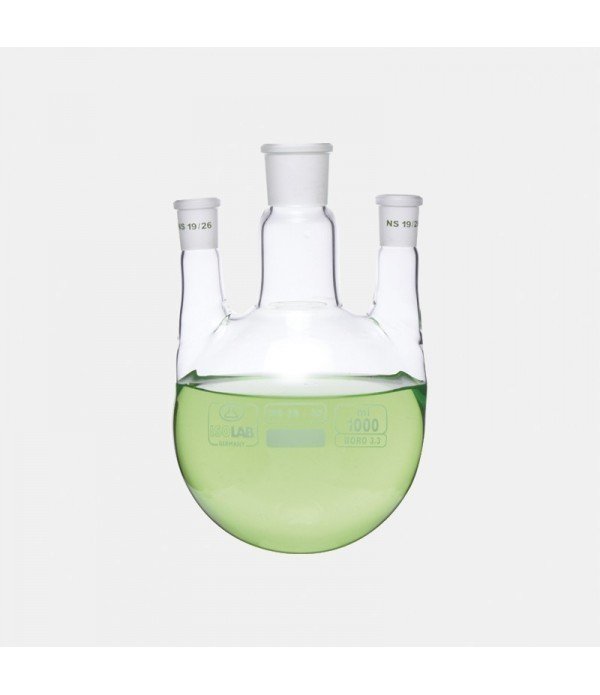 ISOLAB 030.43.500 balon - dibi yuvarlak - 3 boyunlu - paralel yan boyun - merkez boyun : NS 24/29 - yan boyun(lar) : NS 14/ 23 - 500 ml