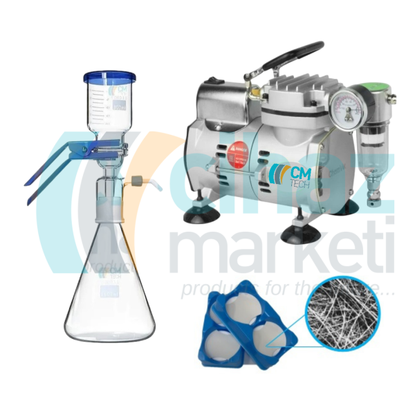 Vakum Filtrasyon Süzme Seti , Yağsız Pistonlu Vakum Pompası ve 47 mm Cam Mikrofiber Filtre Üçlü Set, CMT-VFD-1000 + V-SA30 + CA-tech Zone 47 mm