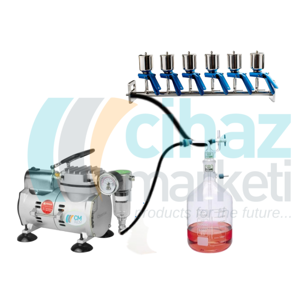 CMTECH Laboratuvar Vakum Filtrasyon Sistemi 4lü Set, Altılı Vakum Manifold Sistemi + yağsız vakum pompası + nuce şişesi + Cam Elyaf Filtre