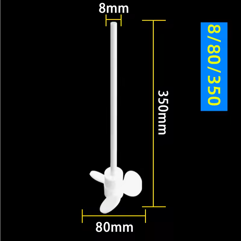 PTFE Teflon Şaft 350mm/80mm, 8mm Çap – 3 Bıçaklı Pervane Karıştırıcı Ucu