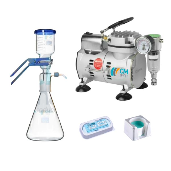 Vakum Filtrasyon Süzme Seti , Yağsız Pistonlu Vakum Pompası ve 47 mm Cam Elyaf Filtre Üçlü Set, CMT-VFD-1000 + V-SA30 + ISOLAB 47 mm Cam Elyaf Filtre