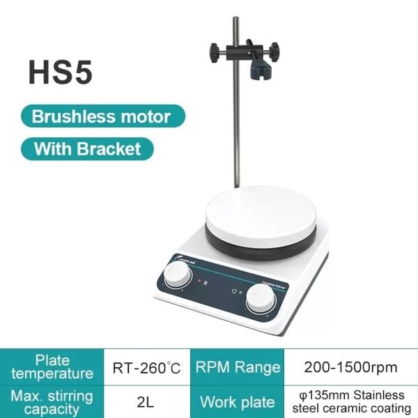 JOANLAB HS5 Analog Isıtıcılı Manyetik Karıştırıcı – Destek Çubuğu ve Kelepçeli Set - 2 L, 260 °C, 200~1500 rpm