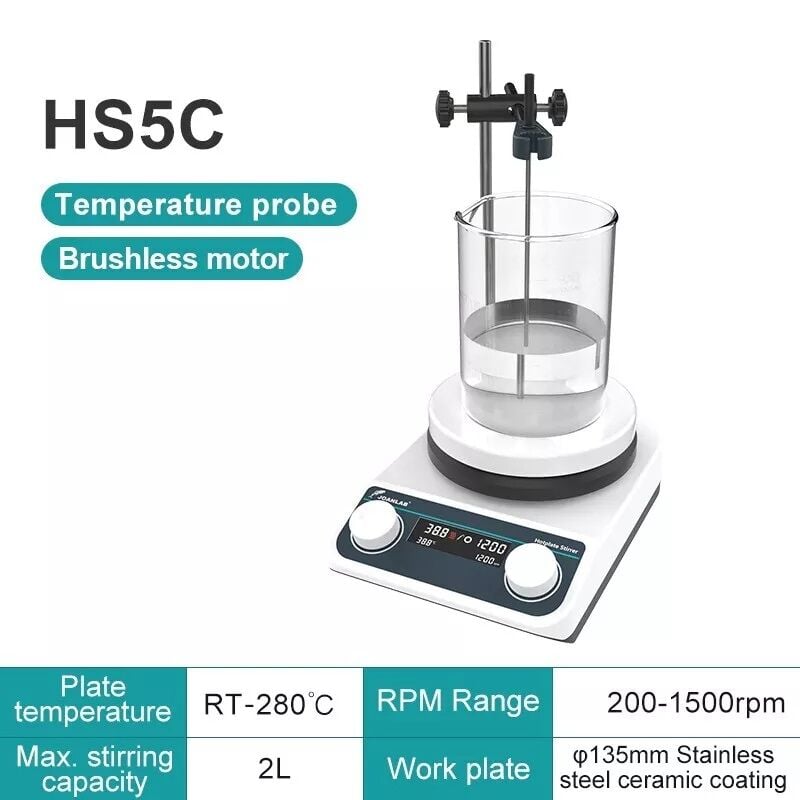 JOANLAB HS5C Dijital Isıtıcılı Manyetik Karıştırıcı Set, PT1000 Probu + Destek Çubuğu + Kelepçe, 2 L, 280 °C, 200~1500 rpm
