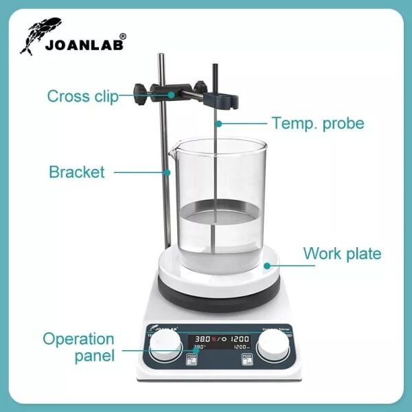 JOANLAB HS5C Dijital Isıtıcılı Manyetik Karıştırıcı Set, PT1000 Probu + Destek Çubuğu + Kelepçe, 2 L, 280 °C, 200~1500 rpm