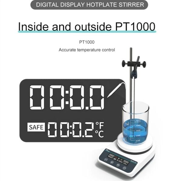 JOANLAB HS5Pro Dijital Isıtıcılı Manyetik Karıştırıcı PT1000 Sıcaklık Probu + Destek Çubuğu + Kelepçe, 2 L, 310 °C, 50–1500 rpm