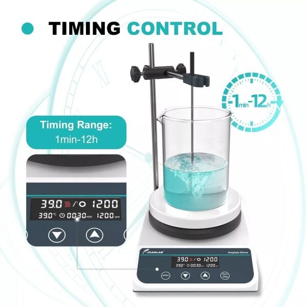 JOANLAB HS5Pro Dijital Isıtıcılı Manyetik Karıştırıcı PT1000 Sıcaklık Probu + Destek Çubuğu + Kelepçe, 2 L, 310 °C, 50–1500 rpm