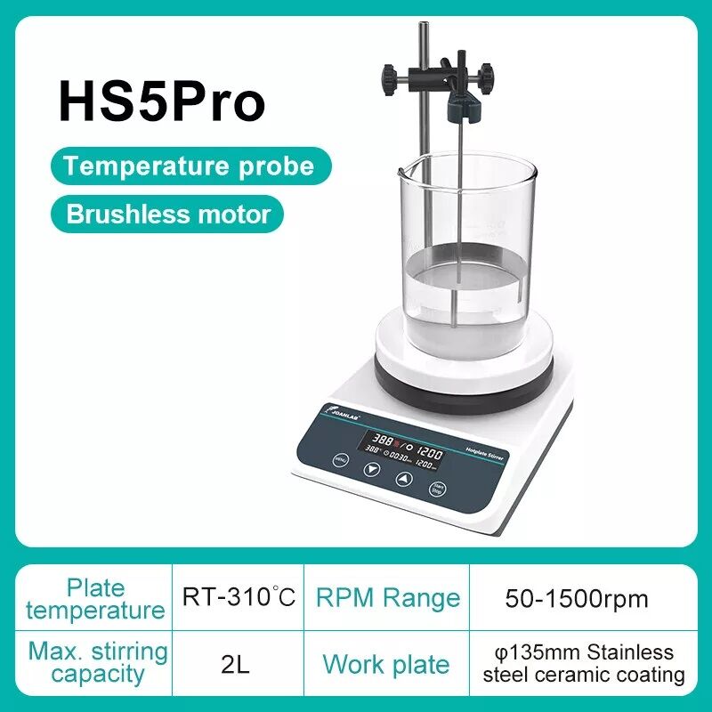 JOANLAB HS5Pro Dijital Isıtıcılı Manyetik Karıştırıcı PT1000 Sıcaklık Probu + Destek Çubuğu + Kelepçe, 2 L, 310 °C, 50–1500 rpm
