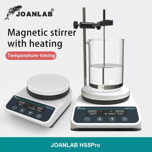 JOANLAB HS5Pro Dijital Isıtıcılı Manyetik Karıştırıcı PT1000 Sıcaklık Probu + Destek Çubuğu + Kelepçe, 2 L, 310 °C, 50–1500 rpm
