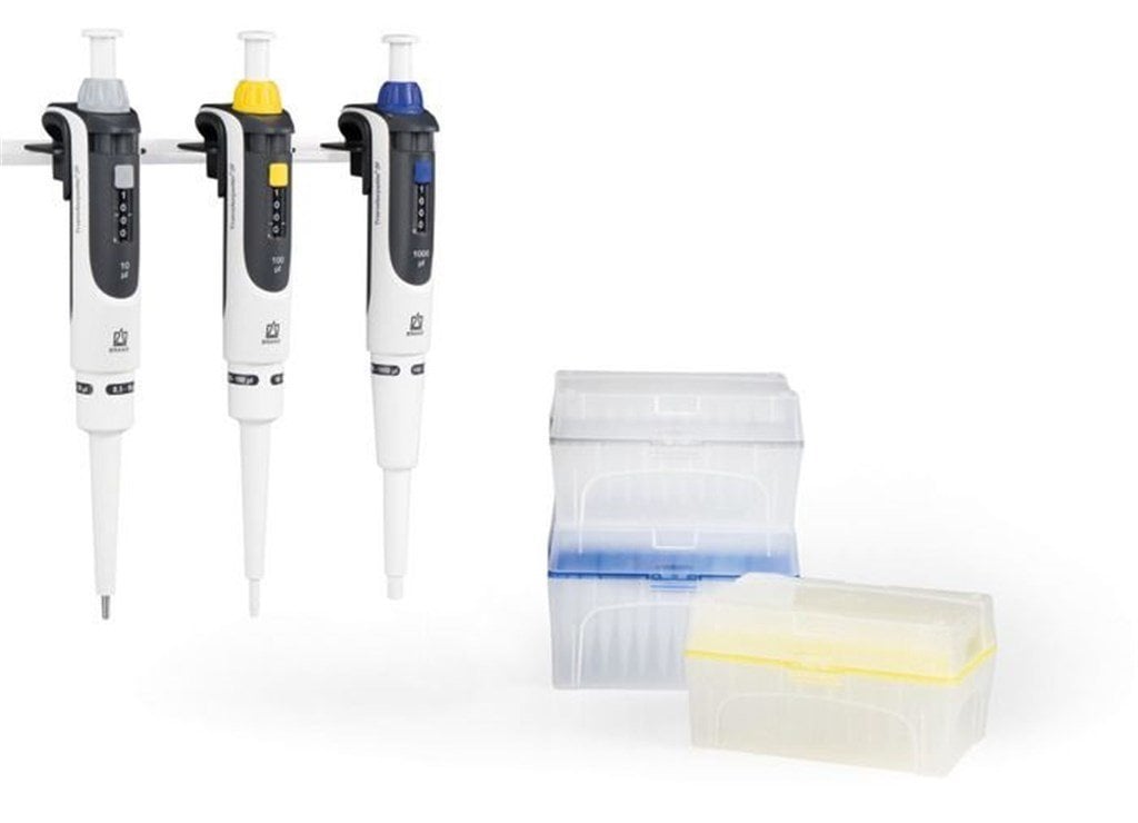 Brand Otomatik Pipet Seti 0,1-1 ul, 0,5-10 ul,10-100 ul pipetler, askıları ve kutulu uçları ile komple