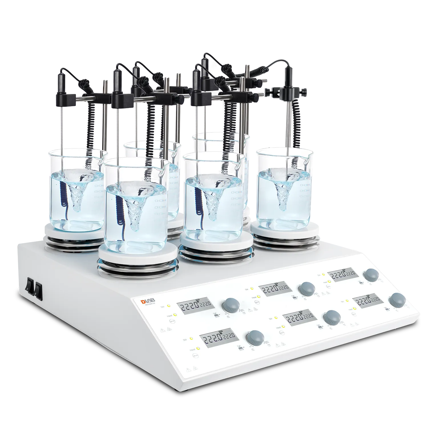 DLAB MS-H280-S6 6 Kanallı Dijital Isıtıcılı Manyetik Karıştırıcı, PT1000A Harici Sıcaklık Sensörü ve Destek Standı, LCD, 1500rpm, 280 °C, 6 x 3 L